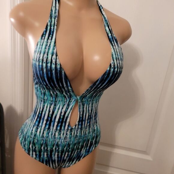 BAR III WOMEN'S PRINTED PLUNGE INDIGO LACE-UP ONE-PIECE SWIMSUIT - Picture 9 of 15